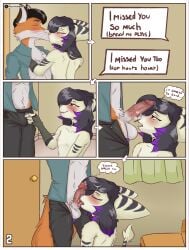 absurd_res alex_(alex_extreme) anthro bodily_fluids canid canine clothing dialogue duo flat_triangles fox genital_fluids genitals hair hi_res humanoid_genitalia humanoid_penis kissing kneeling licking lombax long_hair male male/male mammal oral penile penis penis_lick penis_sniffing precum ratchet_and_clank screwdriver_(flat_triangles) sex sniffing sony_corporation sony_interactive_entertainment speech_bubble standing tongue unzipping