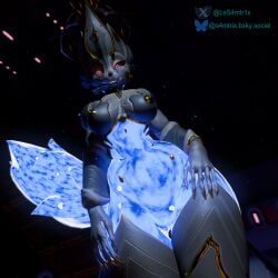 1:1 3d_(artwork) anthro blue_body breasts canid canine canis clothing digital_extremes digital_media_(artwork) ember_(warframe) ember_heirloom_(warframe) female footwear fur genitals glowing glowing_body glowing_eyes glowing_genitalia glowing_markings glowing_vulva hand_on_hip hi_res high_heels legwear looking_at_viewer low-angle_view mammal markings medium_breasts nipples nude nude_anthro nude_female orange_body orange_fur red_eyes samtrix shoes solo space standing tail tencent thick_thighs thigh_highs vulva warframe wolf