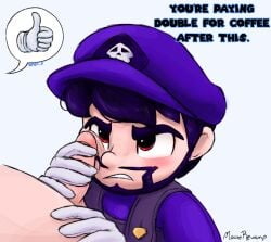 colored_sketch dubious_consent fully_clothed glaring gloved_handjob handjob male male/male penis penis_on_cheek penis_on_face simple_background smg3 smg4 smg43 smg4_(character) smg4_art text thumbs_up