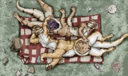 2024 alcohol anthro basket beverage breasts brown_body brown_fur colored container dated day duo feet felid felid_taur female forced fur green_grass group hand_on_another's_belly hand_on_belly hi_res internal jeri_kleinlowe lying male mammal mammal_taur nipples nude_pred on_back on_side outside pantherine pantherine_taur picnic picnic_basket picnic_blanket purple_body purple_fur red_text signature smile species_request spread_legs spreading striped_body striped_fur stripes tail taur text tiger tiger_taur unwilling_prey vore white_body white_fur willing_pred wine