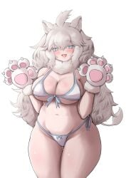 :d blue_trim blush curvy fang kemono_friends large_breasts micro_bikini paw_gloves plump slightly_chubby voluptuous white_bikini white_lion_(kemono_friends)