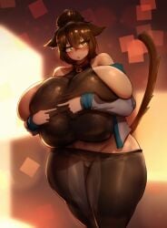 1girls big_ass brown_hair cat_ears cat_girl cat_tail clothing drawncraft gigantic_breasts green_eyes hyper_breasts sideboob tight_clothing