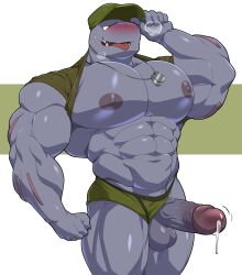 2025 abs absurd_res anthro areola balls barazoku biceps big_balls big_muscles big_penis blush bodily_fluids breath briefs clothed clothing clothing_aside deltoids dog_tags dripping erection foreskin generation_1_pokemon genital_fluids genitals gesture glans hat headgear headwear hi_res huge_muscles humanoid_genitalia humanoid_penis kemono looking_at_viewer machoke maldu male military military_cap muscular muscular_anthro muscular_male narrowed_eyes navel nintendo nipples obliques open_mouth open_smile pecs penis pokemon pokemon_(species) precum precum_drip precum_string raised_clothing raised_shirt raised_topwear salute serratus shirt simple_background smile solo standing sweat sweatdrop teeth thick_arms thick_penis thick_thighs tongue tongue_out topwear underwear underwear_aside vein
