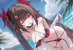 ;p absurdres alternate_costume beach bikini black_bikini black_choker black_hair blue_sky breasts cc_lin choker cleft_of_venus cloud commentary_request day facial_mark female hair_ornament highres honkai:_star_rail honkai_(series) layered_bikini leaning_forward long_hair navel nipples ocean one_eye_closed open_clothes outdoors paid_reward_available purple_eyes pussy red_bikini sky small_breasts solo sparkle_(honkai:_star_rail) stomach swimsuit tongue tongue_out twintails uncensored untied_bikini variant_set very_long_hair