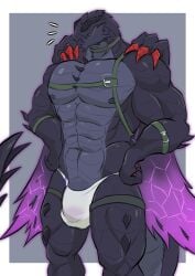 abs absurd_res anthro back_wwings balls biceps black_body bulge capcom claws clothing demi_elder detailed_bulge dragon eyeless genitals geryorias glowing glowing_bulge glowing_genitalia gore_magala harness hi_res horn male monster_hunter muscular muscular_anthro muscular_male mythological_creature mythological_scalie mythology penis scalie siki simple_background solo standing swimwear tail underwear wings