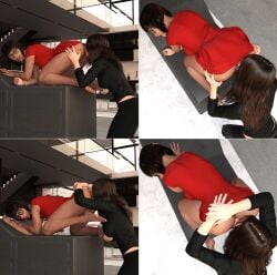 3d anklet barefoot booleanvalue doggy_style dress dress_lift female/female glasses licking_ass no_panties pants red_dress red_nails rimming short_hair yuri