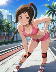 2025 ai_generated avatar_the_last_airbender belly bikini_under_shorts brown_eyebrows brown_eyes_female brown_ponytail city_background closed_mouth closed_mouth_smile deviantart elryusam hand_on_hip hand_on_leg looking_at_viewer meta mouth_closed nickelodeon paramount_animation pink_bikini pink_shorts rainbow_socks red_hairband roller_skates smile_at_viewer smiling_at_viewer sports_legwear tummy ty_lee viacom