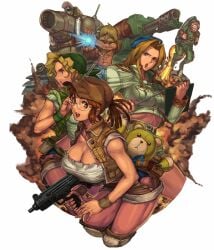 1boy 3girls abs bad_id bad_pixiv_id bandana beard breasts cleavage facial_hair fio_germi glasses hadouken hat hyakutaro_ichimonji ibanen jetpack kasamoto_eri large_breasts metal_slug military military_uniform military_vehicle motor_vehicle multiple_girls muscular pointer prisoner_of_war_(metal_slug) short_shorts shorts snk soldier sophia_greenville stuffed_animal stuffed_toy sv001_(metal_slug) tank teddy_bear