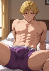 1boy abs ai_generated arm_support bed boxer_briefs bsky_link buddy_daddies bulge civitai dvxxxgrai gay illustrious_(stable_diffusion) indoor indoors inside kazuki_kurusu lying_on_bed male male_only navel nipples nude purple_boxer_briefs purple_briefs_only purple_male_underwear purple_underwear smile solo solo_male tagme underwear underwear_only yaoi