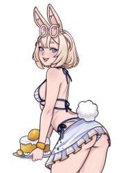 animal_ears ass bikini blonde_hair blue_bikini blue_eyes breasts bunny_tail eyewear_on_head female looking_at_viewer open_mouth short_hair simple_background skirt smile solo striped striped_bikini swimsuit tail vyugen white_background yenko