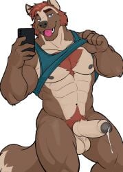 1boy abs animal_ears balls bara blue_shirt blue_tank_top clothes_lift english_commentary erection furry furry_male highres holding holding_phone maccon_(socially_awkward) male male_focus monchimutt muscular muscular_male navel nipples open_mouth pectorals penis phone precum selfie shirt shirt_lift sleeveless sleeveless_shirt smile socially_awkward tail tank_top testicles tongue tongue_out white_background wolf_boy wolf_ears wolf_tail