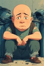ai_generated cave fat_bald_man giant next old_torn_clothes robot_underground rusty_robots sad sitting to