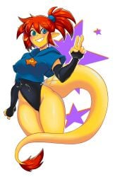 crop_top cute fangs hips leotard monster_girl reptile_humanoid rocatart shiny_clothes tail thick_thighs yellow_body