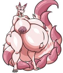 anthro asian_mythology ass belly big_belly big_breasts big_butt breasts canid canine crouching east_asian_mythology female female/female fox fox_spirit fox_tail genitals green_eyes hi_res huge_belly huge_breasts huge_butt hyper hyper_belly hyper_breasts hyper_butt hyper_pregnancy jiu mammal mrblack_eye2 mythology nipples pink_body pregnant pregnant_anthro pregnant_female solo tail