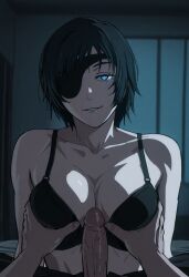 ai_generated big_breasts black_hair black_hair_female bra breasts breasts breasts breasts_out chainsaw_man cock eyepatch female_focus grabbing_breasts himeno_(chainsaw_man) imminent_sex indoors large_breasts light-skinned_female lingerie looking_at_viewer naked_female nordinex5 nude_female pale-skinned_female penis penis_out perfect_body seducing seductive seductive_eyes seductive_gaze seductive_look seductive_smile sex sexy shirtless short_hair stable_diffusion