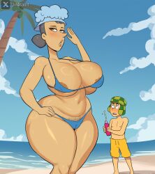 1boy 1girls anima_estudios beach beach_background big_ass big_breasts bikini chavo chespirito curvaceous curvaceous_body curvaceous_female curvaceous_figure doña_clotilde el_chavo_(series) el_chavo_animado el_chavo_del_ocho female gilf jin_asault male old_woman older_female older_female_and_younger_male televisa thick_ass thick_thighs thighs underwear voluptuous voluptuous_female wide_hips younger_male
