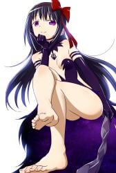 10s 1girls 2014 akemi_homura akuma_homura bare_shoulders barefoot black_hair bow choker crossed_legs dress elbow_gloves feet female foot_focus foreshortening gloves hairband hairbow hand_on_own_chin hi_res light-skinned_female light_skin long_hair long_legs looking_down mahou_shoujo_madoka_magica puella_magi_madoka_magica purple_eyes sat-c shiny_clothes smile solo star_(sky) teenage_girl teenage_tits teenager thighhighs toes unworn_thighhighs white_background young young_female