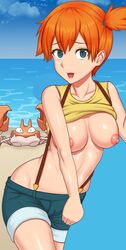 1girls ambiguous_gender areolae artist_request bare_shoulders beach being_watched belly black_eyes blue_background blue_eyes breasts clothed clouds day denim_shorts eyelashes female human human_only kasumi_(pokemon) krabby looking_at_viewer navel nintendo nipples no_panties ocean open_mouth orange_hair outdoors pink_lips pokemon pokemon_rgby sand shirt shirt_lift short_hair shorts side_ponytail sky smile solo_focus standing suspenders tank_top teeth tongue water