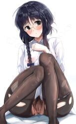 absurdres black_hair black_pantyhose blush braid censored closed_mouth collared_shirt commentary_request commission embarrassed excessive_pubic_hair feet_out_of_frame female female_pubic_hair glasses green_eyes hair_censor hair_over_breasts hair_over_shoulder hand_up highres hntbk_333 knees_up long_hair long_sleeves marie_(sister_princess) mosaic_censoring no_panties pantyhose pixiv_commission pubic_hair pussy pussy_juice raised_inner_eyebrows round_eyewear see-through_clothes see-through_shirt shirt simple_background sister_princess sitting solo steam steaming_body sweat torn_clothes torn_pantyhose white_background white_shirt wing_collar wispy_bangs