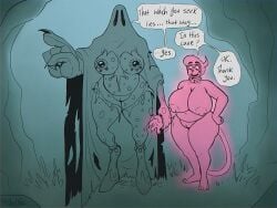 4:3 alien belly big_breasts breasts cave claws cloak clothing collar duo english_text eyewear faroutboy female female/female gesture glasses glowing grabbing_hand green_body hand_gesture hi_res jewelry larger_female lillite long_tail nipple_piercing nipples nude piercing pink_body pointing remi_(faroutboy) size_difference speech_bubble tail text thick_thighs