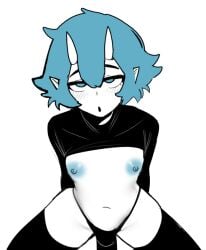 1boy 1femboy areola areolae belly belly_button black_legwear black_thighhighs blue_eyes blue_hair blush blush_lines femboy femboy_focus horn horns male male_focus male_only midriff mischievous_z nipples penis penis_bulge pointy_ears shirt_lift shirt_up solo solo_femboy solo_focus solo_male thighhighs thong tummy