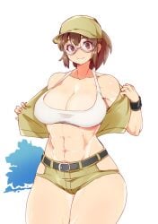 belt breasts brown_eyes brown_hair cleavage collarbone cowboy_shot crop_top female fio_germi glasses hanzo_(2929) hat highres jacket jacket_partially_removed large_breasts looking_at_viewer metal_slug ponytail removing_jacket short_shorts shorts sidelocks simple_background smile snk solo thick_thighs thighs toned white_background wristband