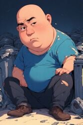 ai_generated cave fat_bald_man giant next old_torn_clothes robot_underground rusty_robots sad sitting to