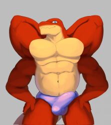 anthro balls belly bulge clothing crius erection genitals hi_res limb male muirfinn multi_limb muscular penis pinup pose reptile scalie snake solo thong underwear