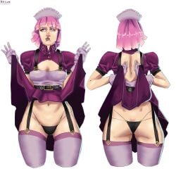 angry angry_expression angry_face ass belt beltskirt big_ass big_breasts big_butt big_cleavage big_thighs breasts bright_background character_own_character cleavage cleavage_cutout cleavage_dress dress dress_pull female front_and_back front_view girl girl_only girl_solo gloves huge_ass huge_breasts maid maid_dress maid_headdress maid_outfit maid_uniform no_sex original_character own_character pantyhose_around_legs perfect_ass perfect_body perfect_legs pink_hair pink_hair_female provocative provocative_clothing provocative_outfit pulling pulling_clothing purple_clothes purple_clothing purple_eyes purple_hair purple_lips red_nose short_hair showing showing_ass showing_back showing_panties stockings thong thong_panties upset white_background white_glove white_gloves white_skin