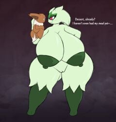2024 3_fingers 3_toes anthro areola big_breasts big_ears biped biscuit_(meloeatta) blush bodily_fluids breasts brown_body brown_fur colored dialogue digital_drawing_(artwork) digital_media_(artwork) dominant dominant_female duo ears_down eevee ellipsis empty_eyes english_text eyebrows eyelashes eyeshadow feet female female_pred fingers fur generation_1_pokemon generation_9_pokemon genitals gradient_background green_areola green_body green_eyeshadow green_fur green_nipples half-closed_eyes hi_res huge_breasts hyper hyper_breasts imminent_vore larger_female makeup male male_prey meloeatta meowscarada narrowed_eyes nintendo nipples pink_blush pivoted_ears pokemon pokemon_(species) puffy_nipples pussy question_mark red_eyes simple_background size_difference smaller_male standing stylized_empty_eyes submissive submissive_male sweat text thick_thighs tilde_after_text toes vulva white_body white_fur white_text worried