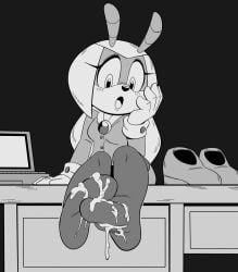 2025 absurd_res anthro arthropod beetle blush blush_lines bodily_fluids clothing cum cum_drip cum_on_feet cum_on_stockings dripping feet female foot_fetish genital_fluids greyscale hi_res hotbrotkuroi idw_publishing insects jewel_the_beetle legwear monochrome sega shoes_removed sitting_on_desk solo sonic_(series) sonic_the_hedgehog_(comics) sonic_the_hedgehog_(idw) sonic_the_hedgehog_(series) stockings
