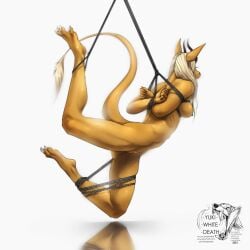 anthro arms_tied bondage bound breasts claws digital_media_(artwork) dragon dragon_tail feet female genitals gold_body hair hi_res horn legs_tied mythological_creature mythological_scalie mythology nipples non-mammal_breasts nude nude_anthro nude_female pussy restraints rope rope_bondage rope_harness scalie simple_background solo tachyion_(defenbaugh_bahumot) tail tail_tuft toe_claws tuft vulva white_hair yukiwhitedeath