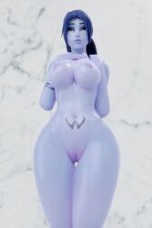 2022 3d blizzard_entertainment blue_hair blue_skin child_bearing_hips female female_only guidugalle guimontag long_hair nude nude_female overwatch ponytail posing tattoo thick_thighs tramp_stamp widowmaker