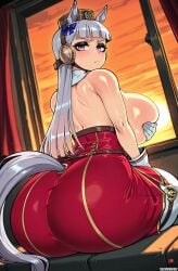 1girls ai_generated ass ass_focus big_ass big_breasts black_eyeshadow eyelashes eyeliner gold_ship_(umamusume) gray_hair patreon shewwwhore thick_thighs umamusume wet