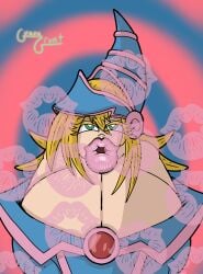 2d big_breasts big_lips blonde_hair buchukisu clothed clothed_female dark_magician_girl green_eyes guavagrunt hat huge_breasts huge_lips kiss_mark kissing kissing lipstick lipstick_mark pink_lips pink_lipstick pov pov_eye_contact pov_kiss seductive seductive_eyes seductive_look simple_background wizard_hat yu-gi-oh!