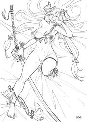 ankle_bracelets ankle_ribbon arm_ribbon bbc-chan bra bracelet breast_slip closed_eyes cum cum_in_pussy female granblue_fantasy horns long_hair lying narmaya_(granblue_fantasy) nipple_slip nodachi panties panty_on_one_leg panty_pull ribbon sketch solo underwear weapon