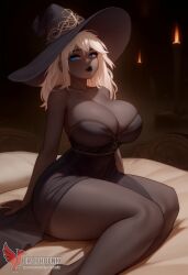 1girls 2d ai_generated ass barefeet big_ass black_body black_lips black_skin breasts dark-skinned_female dress elden_ring_nightreign erophoenix fantasy feet female female_focus full_body huge_breasts long_hair looking_at_viewer patreon_username recluse_(nightreign) solo solo_female sweat thick thick_thighs toes uncensored white_hair witch_hat