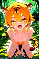 (titancore) ai_generated animal_humanoid breasts female girl happy jungle kneeling monster_girl naked short_hair single_girl small_breasts temple tiger_ears tiger_girl tiger_stripes tiger_tail yellow_eyes