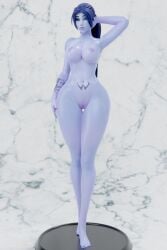 2022 3d blizzard_entertainment blue_hair blue_skin child_bearing_hips female female_only guidugalle guimontag long_hair nude nude_female overwatch ponytail posing tattoo thick_thighs tramp_stamp widowmaker