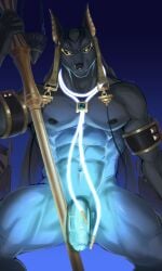 1boy abs animal_ears bara black_sclera closed_mouth colored_sclera dislyte drew_(anubis)_(dislyte) drew_(meta_anubis)_(dislyte) english_commentary flaccid furry furry_male highres holding holding_staff jackal_boy jackal_ears looking_at_viewer male_focus muscular muscular_male navel nipples nude pectorals penis sacorxi sitting staff yellow_eyes