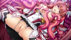 blush breasts breasts_out celestia_paladin censored clothing_aside covered_navel female game_cg inoino kouyoku_senki_exs-tia large_breasts large_variant_set long_hair looking_at_viewer lying magical_girl mosaic_censoring nipple_stimulation nipple_tweak nipples non-web_source official_art open_mouth panties pink_hair purple_eyes pussy pussy_juice restrained rieszverne_suzette_paladill shiny_skin skirt solo spread_legs tentacle thighhighs torn_clothes underwear variant_set wide_spread_legs