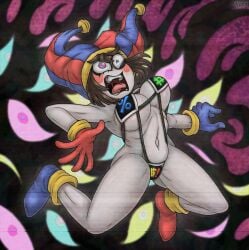 bikini black_body blush breasts cleavage clown clown_girl desperation gloves headgear jester jester_hat kamikamatayan kamisulit pomni_(the_amazing_digital_circus) screaming shoes short_hair tagme the_amazing_digital_circus tongue tongue_out voluptuous white_body wide_hips