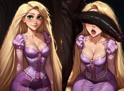 1boy 1girls 2d ai_generated ai_sensuality blonde_hair cant_see_the_haters cleavage cock cock_worship corset dark-skinned_male disney disney_princess dress drooling green_eyes imminent_fellatio imminent_oral imminent_sex instant_loss_2koma large_penis light-skinned_female long_hair long_penis open_mouth penis_on_face penis_over_eyes rapunzel tangled veiny_penis