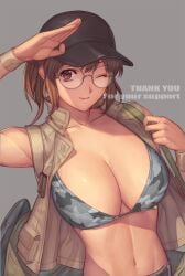 bag bra breasts brown_eyes brown_hair camouflage camouflage_bra cleavage closed_mouth collarbone commentary_request crop_top female fio_germi glasses gloves grey_background hand_up hat ibanen large_breasts looking_at_viewer metal_slug navel one_eye_closed open_clothes ponytail round_eyewear salute short_hair short_ponytail shorts sidelocks smile solo stomach thank_you underwear upper_body vest