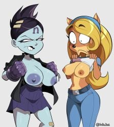 2girls areolae black_hair blonde_hair blue_skin breasts breasts_out coco_bandicoot coco_bandicoot_(crash_of_the_titans) cowboy_shot crash_of_the_titans erect_nipples huge_breasts interspecies looking_away monke_brush navel nina_cortex open_shirt school_uniform shirt_open skirt snout surprised surprised_expression unbuttoned