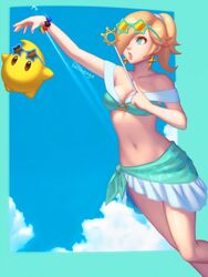 1girls 1other bangs beach bellhenge bikini bikini_skirt bikini_top blonde_hair blue_eyes bracelet breasts cleavage earrings female female_focus human luma mario_(series) medium_breasts navel nintendo open_mouth outdoors princess_rosalina sky standing sunglasses sunglasses_on_head super_mario_galaxy swimsuit wand