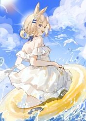 :d animal_ears bare_shoulders blonde_hair blue_eyes blue_sky cloud day dress eyewear_on_head female hair_ornament horizon looking_at_viewer ocean open_mouth outdoors see-through short_hair sky smile solo sun sunglasses vyugen wading water white_dress yenko