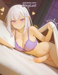 1futa 2025 ai_generated artist_name bangs bed blush bottomless bra cock cum cum_while_penetrated dick ejaculation emilia_(re:zero) erection eyebrows_visible_through_hair foreskin futanari grin hair_ornament heart hi_res high_quality high_resolution highres indoors long_hair lying lying_on_stomach navel newhalf novalust on_bed on_belly on_side on_stomach patreon patreon_username penis pillow pointy_ears prone_position purple_bra purple_eyes re:zero_kara_hajimeru_isekai_seikatsu smile solo stable_diffusion testicles uncensored underwear watermark
