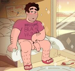 1boy animated arm_hair balls bed bedroom blush body_hair bottomless bottomless_male english_text flaccid flaccid_penis genitals hairy_arms hairy_legs half-closed_eyes leg_hair male male_only male_pubic_hair narrowed_eyes partially_clothed penis pubic_hair sandals shirt short_hair sitting sitting_on_bed sock solo steven_quartz_universe steven_quartz_universe_(adult) steven_universe text text_on_topwear tired_eyes tires topwear topwear_only wake_up window yawn yawning