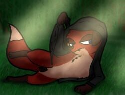 animal_genitalia animal_vulva anus black_clothing black_hoodie black_topwear bored canid canine canine_genitalia canine_vulva chest_fur clothed clothed_feral clothing digital_media_(artwork) fangs female feral forest fox genitals hi_res hoodie jungledyret_hugo light_shafts looking_away lying mammal nsfwslushy on_side outside paws plant rita_(jungledyret) solo tail teeth topwear tree